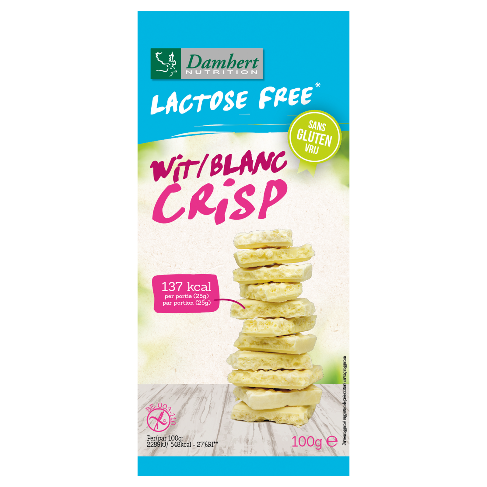 Damhert Lactose- en Glutenvrij Chocoladetablet Wit Crisp