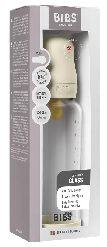 BIBS Glas Latex Medium Flow Babyfles 2+ Maanden Ivory