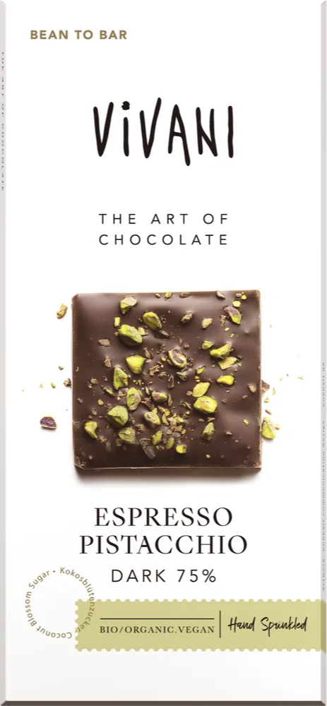Vivani Chocoladereep Puur 75% Cacao Espresso Pistacchio