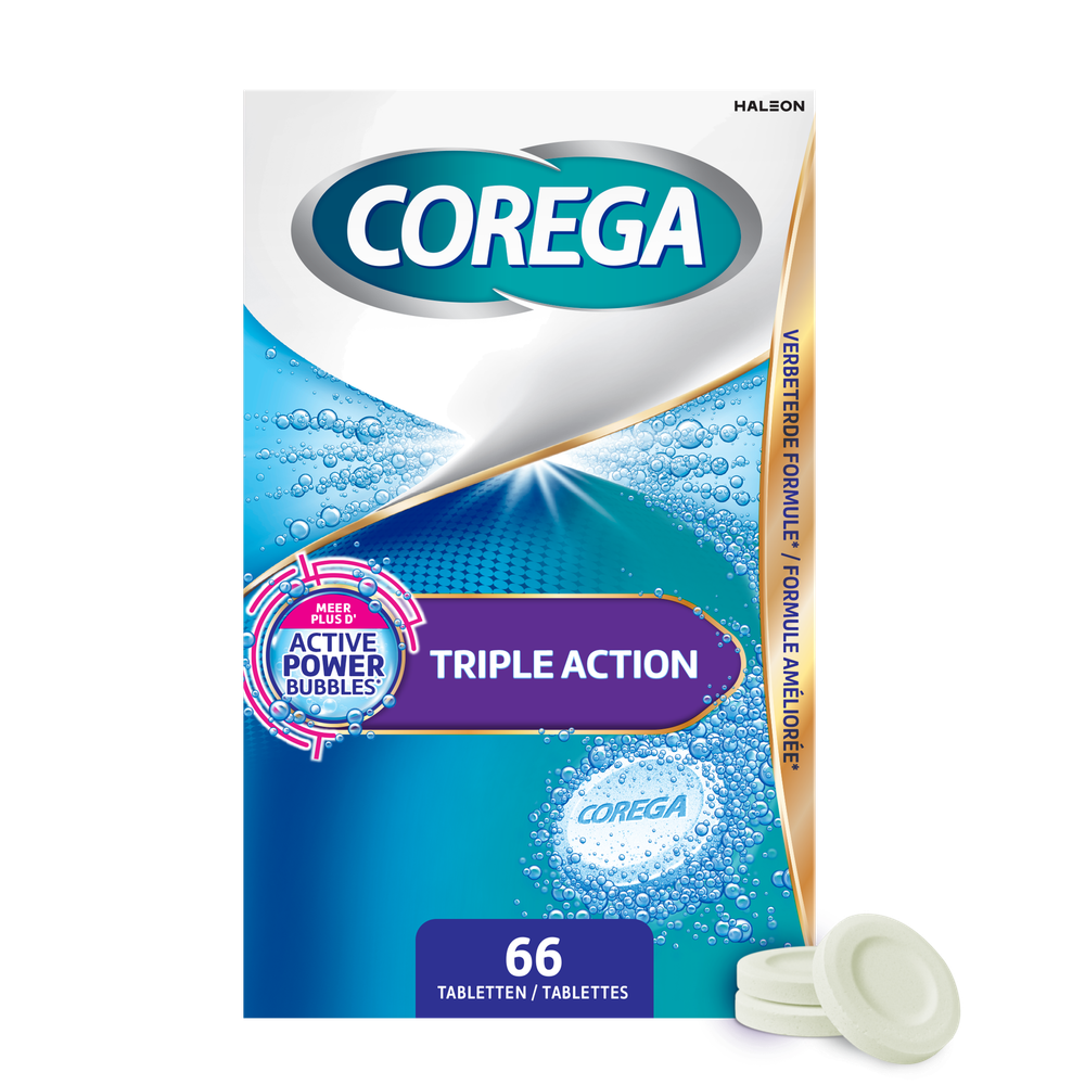 Corega Triple Action Gebitsprothese Reiniger Tabletten - voor kunstgebit, uitneembare beugel of bitje