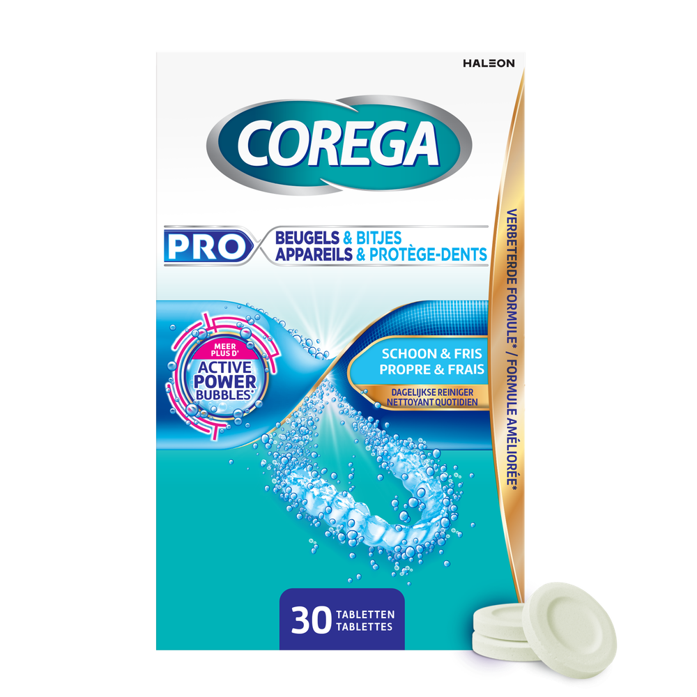 Corega Pro Beugels & Bitjes Tabletten - tegen bacteriën, vlekken, ophopingen en verkleuringen